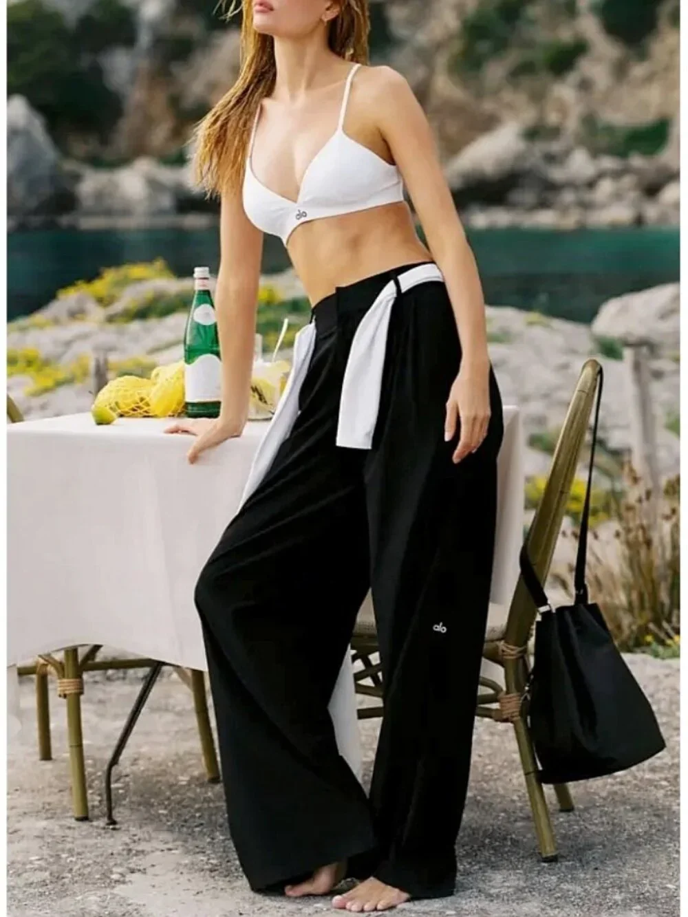 NEW Alo Micro Corduroy Dreamer Wide Leg Trousers Black High-Rise Waist Waisted M